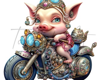 Beautiful intricate female Pig riding a bling motorcycle ,  PNG file 300 DPI gray gift sublimation designs