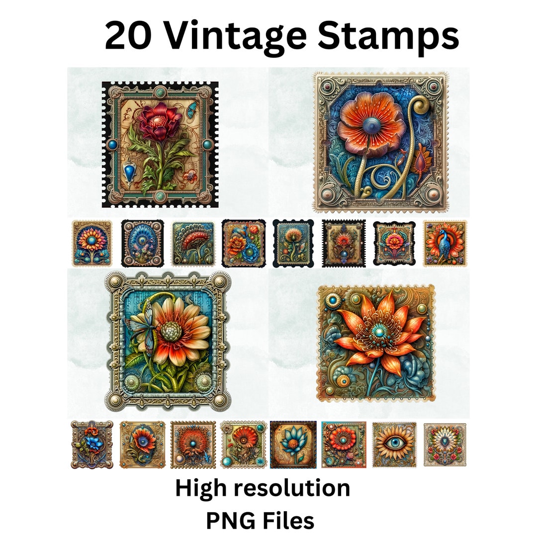 20 Vintage Postage Stamps PNG Transparent Background Clipart Super ...