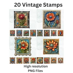 May include: Twenty vintage stamps featuring colorful floral designs with intricate details. Each stamp has a gold frame with a blue background and a white border. The stamps are arranged in a grid pattern. High resolution PNG files.