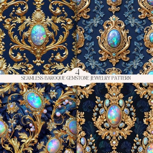 Könnte beinhalten: Vier nahtlose Muster mit verzierten goldenen Barockdesigns mit schillernden Opal-Edelsteinen auf dunkelblauem Hintergrund. Der Text "Seamless Baroque Gemstone Jewelry Pattern" wird auf einem weißen Banner angezeigt.