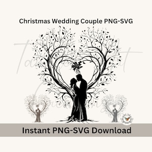 May include: Black silhouette of a couple standing inside a heart-shaped tree with branches and leaves. The couple are holding hands and looking at each other. The tree is decorated with a holly sprig. The image is a digital download.