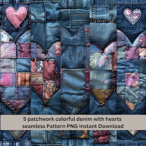 May include: Five patchwork denim squares with hearts sewn in the center. Each square is made of different colored denim and fabric scraps. The hearts are made of different fabrics and colors. The squares are arranged in a row.
