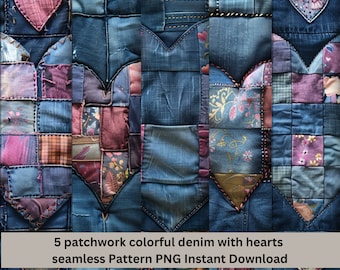 5 Elegant patchwork Denim with hearts Seamless Pattern, PNG, Digital Art for Versatile Designs, Printable scrapbook paper. Denim lovers