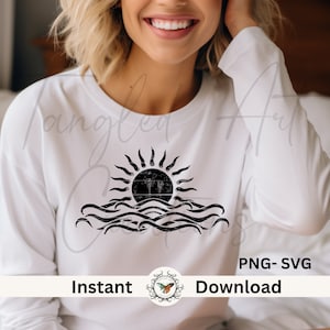 Distressed Sunset Sun and waves PNG - SVG, Sublimation, ocean png, beach vector