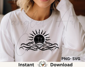 Distressed Sunset Sun and waves PNG - SVG, Sublimation, ocean png, beach vector