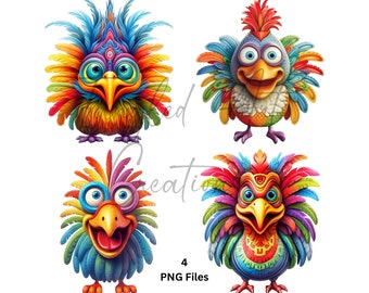 Peut inclure: Quatre oiseaux de dessin animé colorés avec des plumes brillantes et de grands yeux. Les oiseaux sont debout sur un fond blanc.
