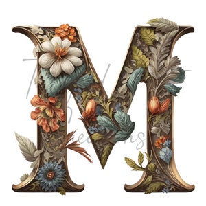 A decorative letter M in bloom, with beautiful flowers, botanical , PNG file 6000x6000px 300 DPI, SVG File sublimation design