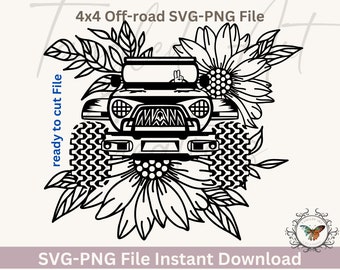 American Off-road with sun Flowers,  4x4 SVG, PNG Sublimation, Cricut File, silhouette, use  your imagination to change colors easy to cut