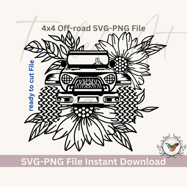 American Off-road with sun Flowers,  4x4 SVG, PNG Sublimation, Cricut File, silhouette, use  your imagination to change colors easy to cut