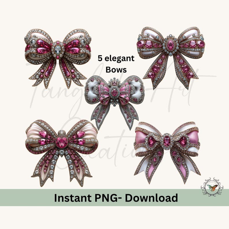 Pink Rhinestone Bow 5 Elegant Coquette Bows Sparkly Pink Rhinestone Bow Png, Sublimation ...