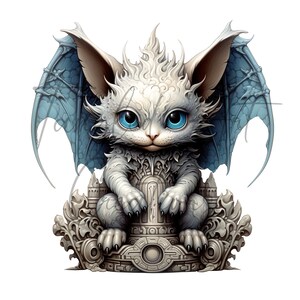 May include: A white, furry creature with blue wings sits on a stone throne. The creature has large, blue eyes and a cat-like face. The throne is ornately carved with intricate details.
