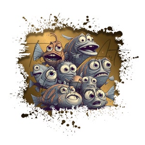A cartoon of fish Friends in the style of caricature, sepia tone, 3D, depth of layers 4000x4000 PNG file 300 DPI, SVG File sublimation