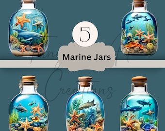 Whimsical Marine Ocean life Jar, PNG Sublimation Watercolor, Digital Art for Coastal Designs.