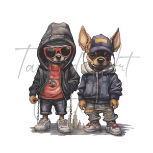 Hip Hop style Puppies Chihuahua water color, PNG file 300 DPI, and SVG File for large printing on sublimation image 1