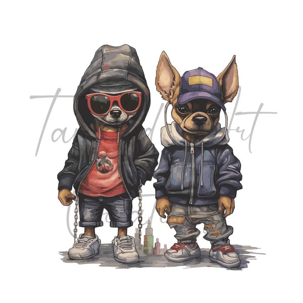 Hip Hop style Puppies Chihuahua water color, PNG file 300 DPI, and SVG File for large printing on sublimation