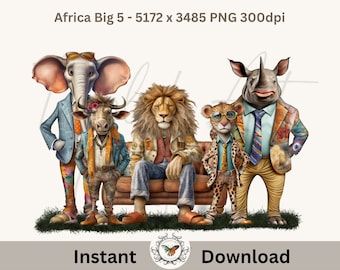 Africa’s Big Five Safari png file for sublimation, Leopard Rhino Elephant Buffalo Lion, Big 5 Africa, Kruger National Park, PNG file.