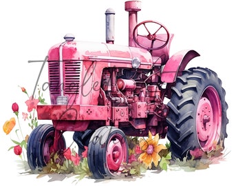 Puede incluir: Un tractor vintage rosa con un neumático negro y una flor amarilla en primer plano.