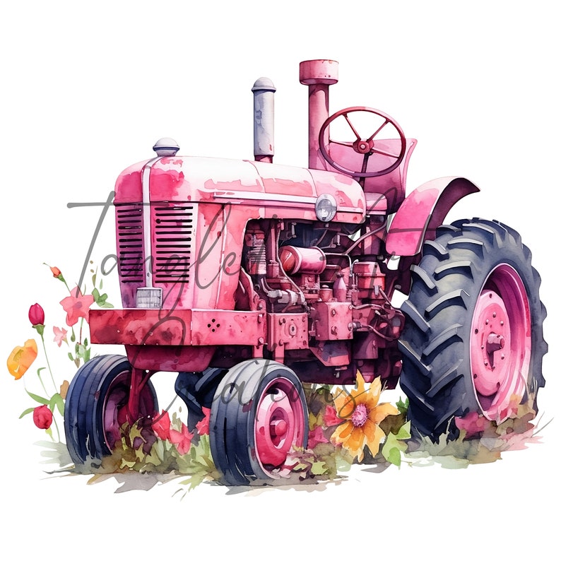 pink-tractor-with-flowers-water-color-clipart-png-file-300-dpi-and