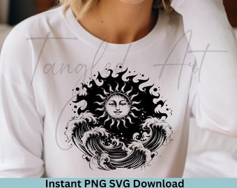 Distressed Sun and waves PNG - SVG, Sublimation, ocean png, beach vector
