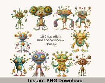 May include: Ten colorful cartoon aliens with large eyes and various body shapes. The aliens are standing on a white background. The text "10 Crazy Aliens PNG 3000x3000px. 300dpi Instant PNG Download" is below the aliens.