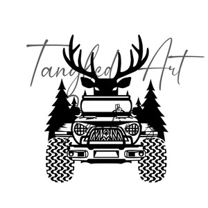 May include: Black and white silhouette of a deer head with antlers above a jeep with a black grille and black tyres. The jeep is surrounded by trees. The text "Tangled Art" is in the background.