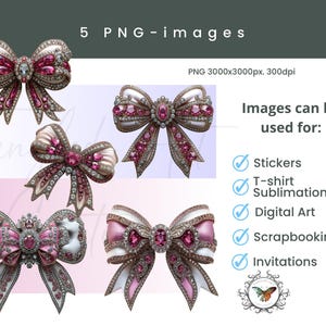5 elegant Sparkly Rhinestone Bow Png, Sublimation Design, Faux Embroidery Png, Crystal Silver Bow Png, T-Shirt Design, Digital Download Png, DTF
