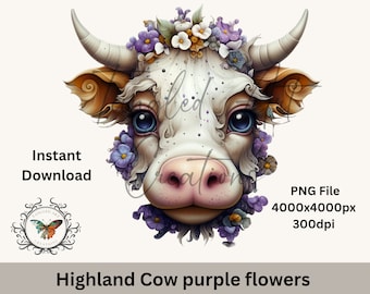 highland Cow with purple flowers, high resolution PNG file 4000x4000, 300 DPI, great for sublimation, clipart, moms gift cow lovers