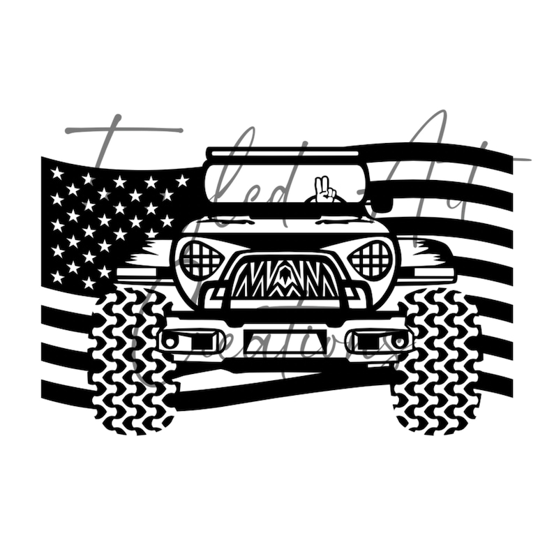 May include: Black and white illustration of a Jeep driving in front of an American flag. The Jeep has a peace sign in the driver's window.