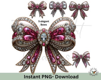 May include: Five pink and white bows with gold accents and rhinestones. The bows are decorated with pink gems. The text "5 elegant Bows" is in the center of the image.
