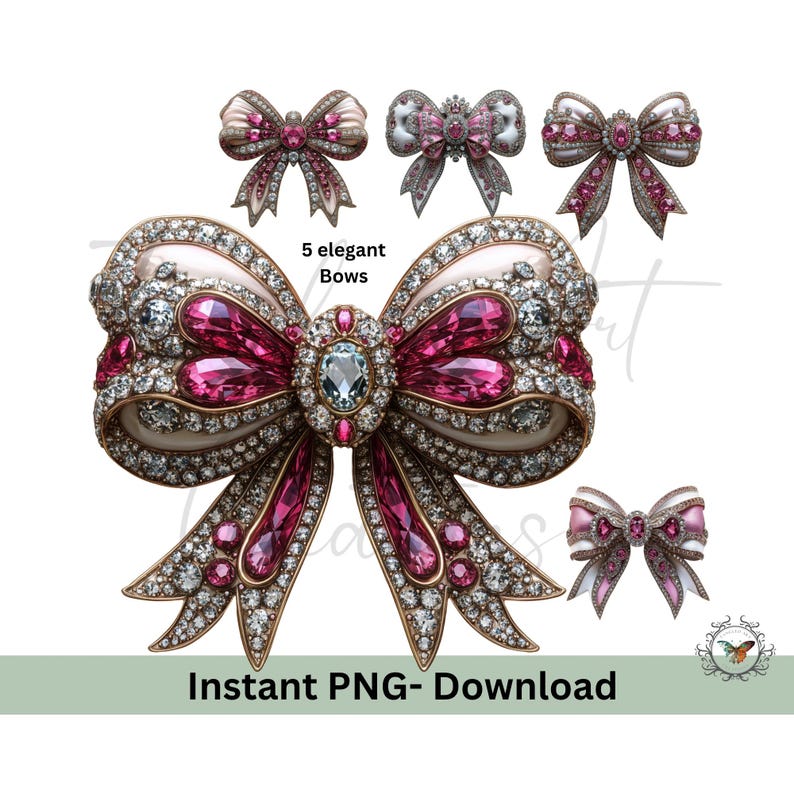 5 elegant Sparkly Rhinestone Bow Png, Sublimation Design, Faux Embroidery Png, Crystal Silver Bow Png, T-Shirt Design, Digital Download Png, DTF
