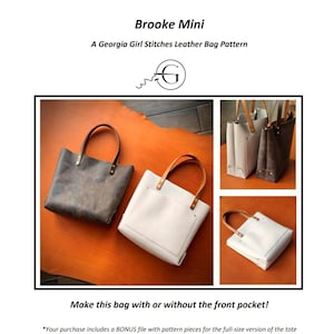 Op de afbeelding: Twee leren tassen, een bruine en een witte, met bruine leren handvatten. De witte tas heeft een voorvak. De tassen liggen op een bruin leren oppervlak. De tekst "Make this bag with or without the front pocket!" staat onder de tassen.