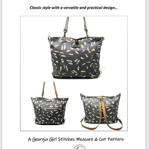 Peut inclure: Un sac cabas en toile grise avec un motif de feuilles beiges. Le sac a deux poignées supérieures et des bretelles réglables qui peuvent être portées en sac à dos. Le sac est présenté en trois vues différentes.