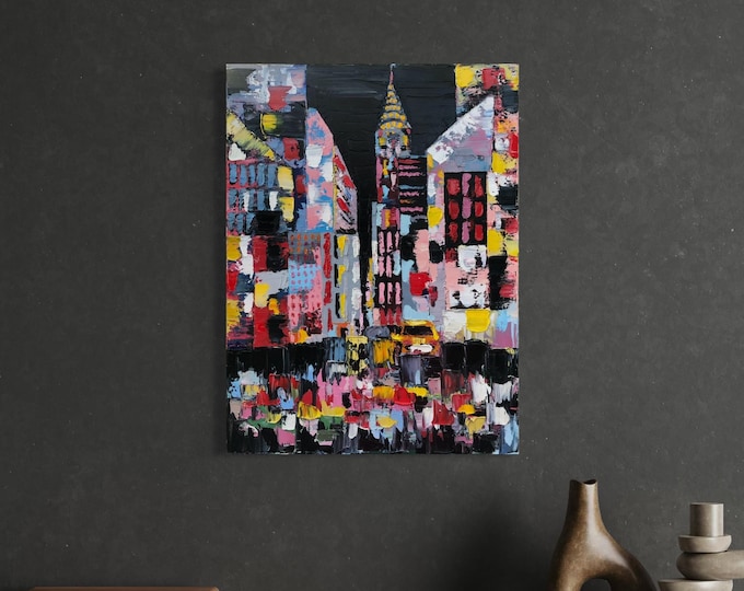 Neon Skyline, New York Cityscape Oil Painting on the canvas, Unique gift, Acrylic Painting, Wall Art Decor, Gift