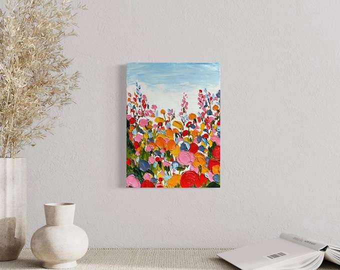 Colorful heavy flower field oil painting on canvas made with palette knife, landscape wall decor textured blooming flowers bedroom wall art