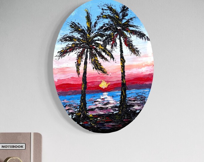 California painting original landscape oil painting on oval canvas, palm tree art, summer wall art, textured painting, house decor