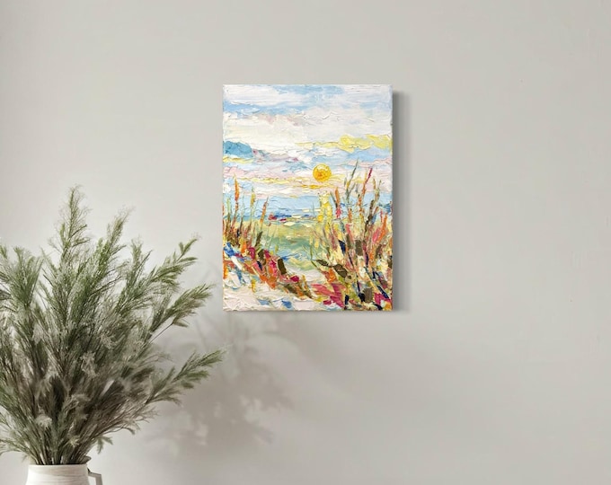 Sunrise in Ocean beach, oil painting on canvas made with palette knife, textured