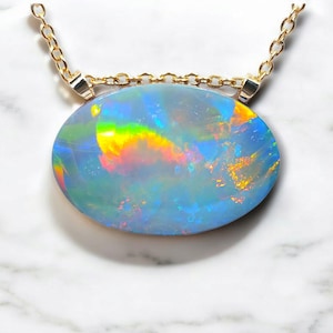 Rare Ribbon Pattern Genuine Australian Opal Doublet Necklace 14k Gold 16.2 carat