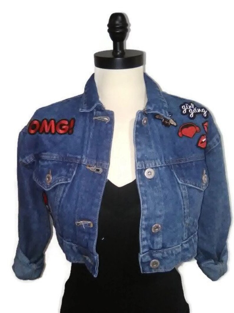 Jacket Denim Jacket Lips Denim Cropped Blue Jacket Crop Etsy