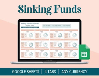 May include: A laptop displays a "Sinking Funds" dashboard with financial data, pie charts, and the text "GOOGLE SHEETS | 4 TABS | ANY CURRENCY." The screen is set against a light pink background, with a green Google Sheets icon.