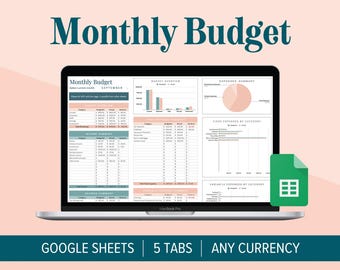 May include: A laptop computer displaying a Google Sheets spreadsheet with the title "Monthly Budget" and the month "September". The spreadsheet has five tabs, including "Budget Overview", "Expenses Summary", "Fixed Expenses by Category", "Variable Expenses by Category", and "Income Summary". The spreadsheet is designed for personal budgeting and includes sections for income, expenses, and savings. The spreadsheet is designed to be used with any currency. The image also includes a Google Sheets logo.