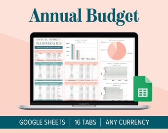 May include: A laptop computer displaying a Google Sheets spreadsheet with a pink and teal color scheme. The spreadsheet is titled "Annual Budget Dashboard" and includes various tabs for tracking income and expenses. The text "GOOGLE SHEETS | 16 TABS | ANY CURRENCY" is displayed below the laptop.