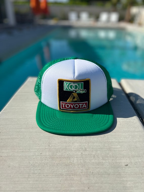 Vintage Kool Toyota Racing Patch on a White and Green Mesh Flat Brimmed  Trucker Hat