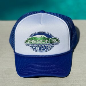 Vintage 25th Anniversary Porsche Parade in Portland Oregon 1980 Logo Patch on White and Blue Mesh Trucker Hat