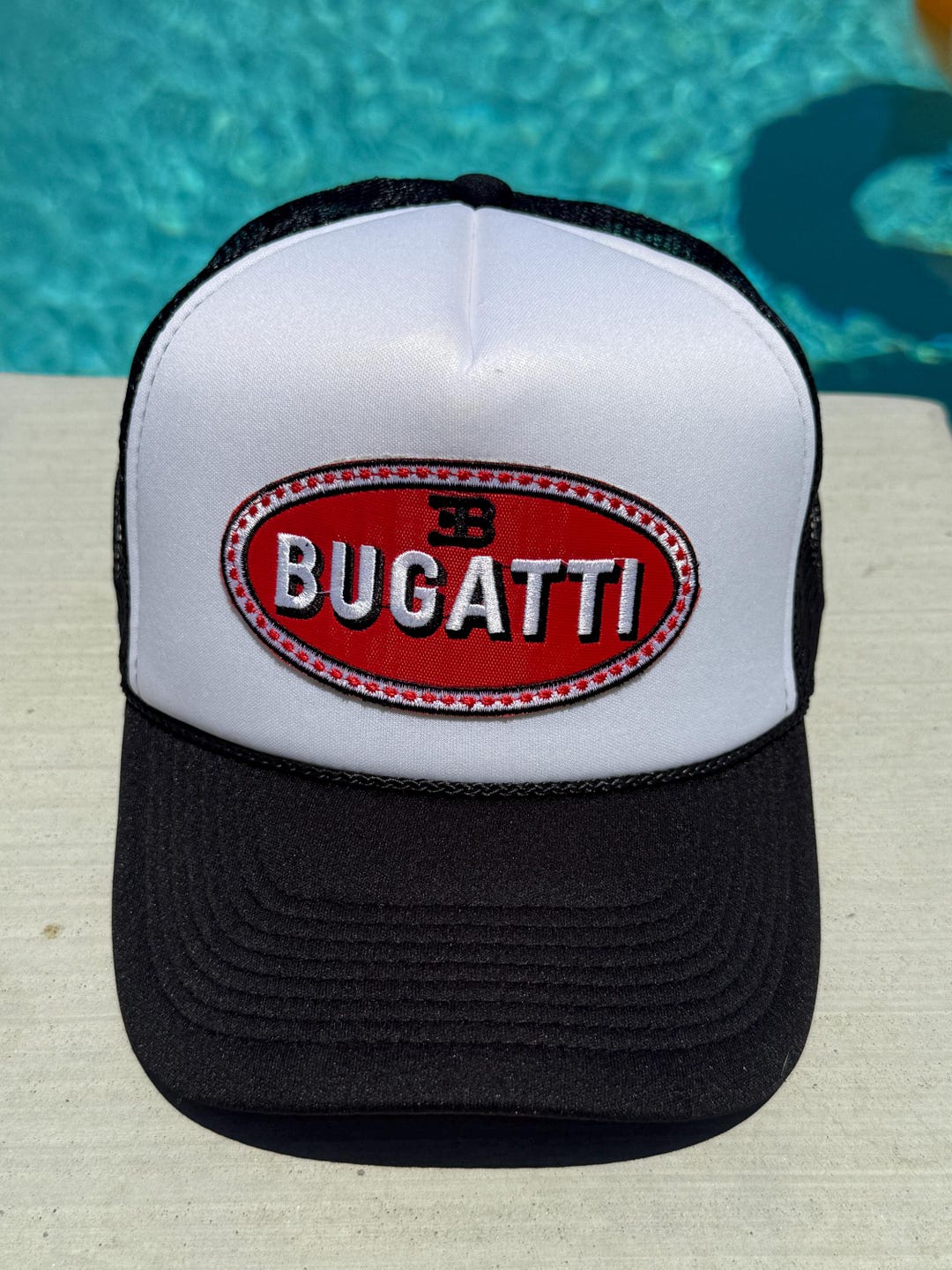 Vintage Bugatti Logo Patch on a White and Black Adjustable Trucker Hat ...