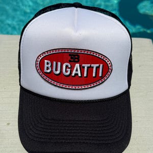 Vintage Bugatti Logo Patch on a White and Black Adjustable Trucker Hat ...