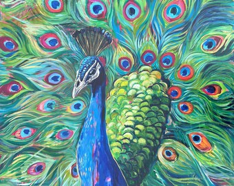 The Eyes of Beauty Giclee Print of a Peacock Painting Loose Expressive Original Art 8x10 inches