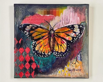Monarch Butterfly Painting Original, Colorful Nature Wall Art, Mixed Media Canvas Art, Garden Decor, Small 8x8 Artwork, Spring