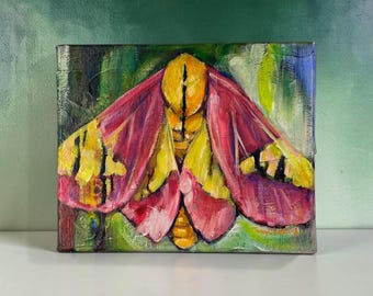 Pink Moth Painting Original, Colorful Nature Wall Art, Mixed Media Canvas Art, Bright Botanical Decor, Small 8x10 Artwork