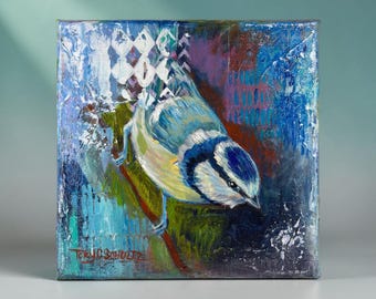 La Mesange Bleue Bird Painting, Chickadee Art Original, Blue Bird Wall Art, Nature Canvas Art, Mixed Media Painting, Small 8x8 Artwork