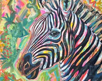 Colorful Zebra Giclee Print on Cotton Paper – Abstract Animal Art
